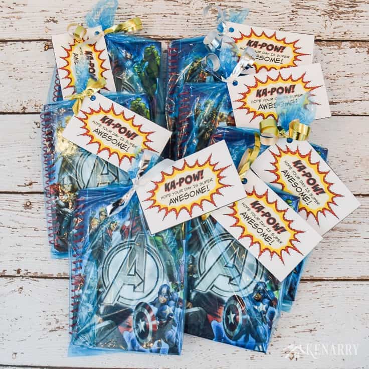 Tie these free printable super hero tags to gift bags filled with Marvel stickers and treats to create special Avengers Party Favors for your child's birthday party.