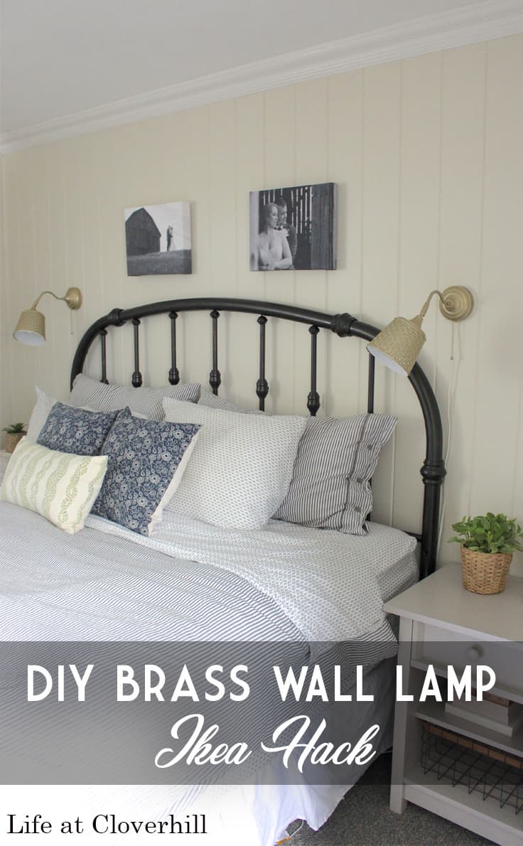 A bed with brass IKEA lamps hanging on the wall - DIY Brass wall lamp IKEA hack