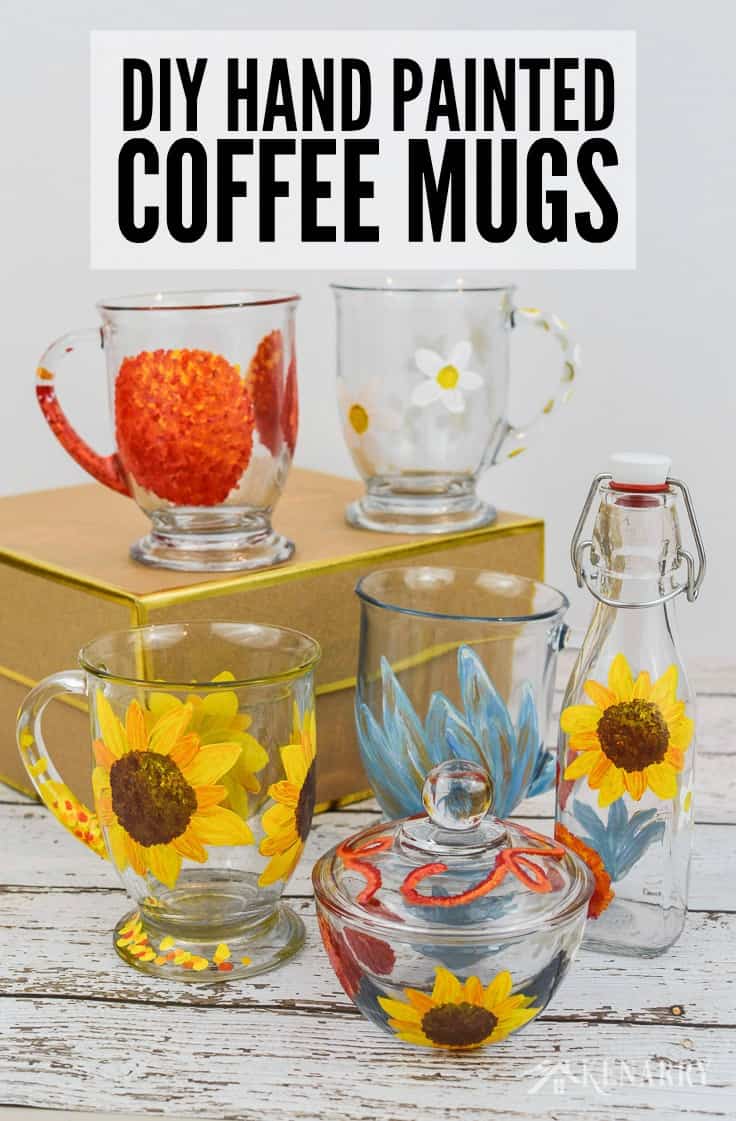Create one of a kind DIY coffee mugs and a coordinating cream and sugar set using gloss enamel paints and this easy tutorial from Kenarry.com They're great DIY gifts for a birthday, holiday, Mother's Day, Christmas or hostess gift.
