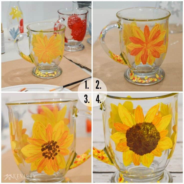 Use thin layers of gloss enamel craft paint to create a beautiful sunflower on the side of a clear glass coffee cup. This tutorial for how to paint DIY coffee mugs will show you how!