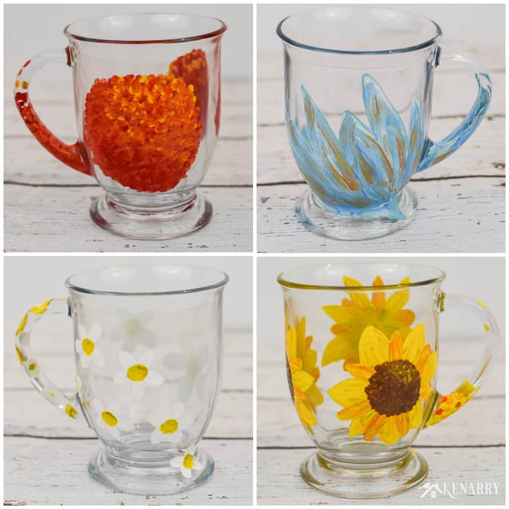 Hand paint plain glass coffee cups with unique floral designs to give as a personalized DIY gift for a teacher appreciation, hostess, Mother's Day or holiday. Your friends and family will love the DIY coffee mugs you made for them!