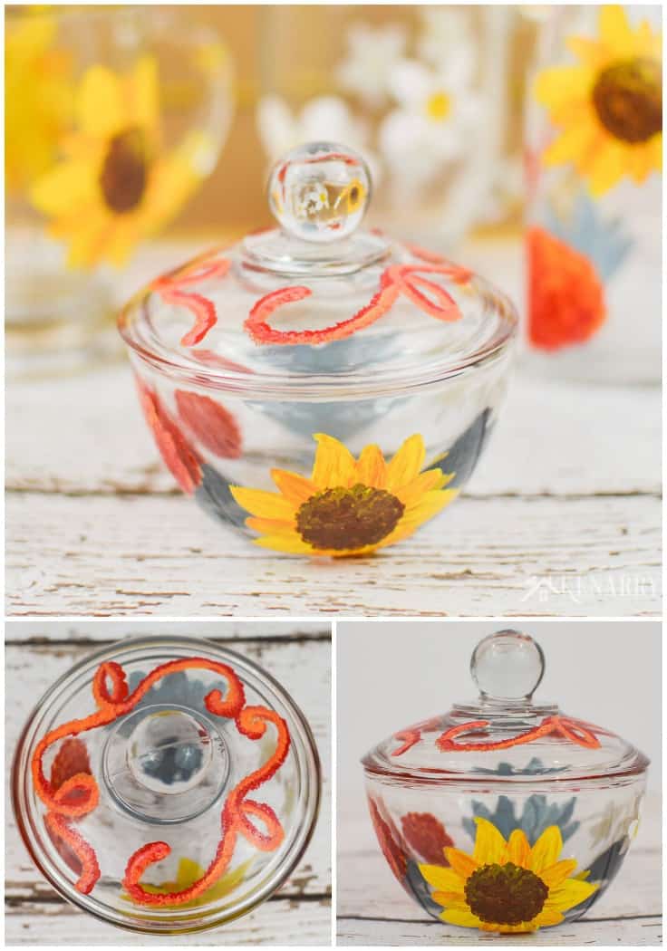 Hand paint a clear glass bowl with a lid to use as a sugar bowl to go with DIY coffee mugs. The tutorial for this easy craft idea can be found at Kenarry.com