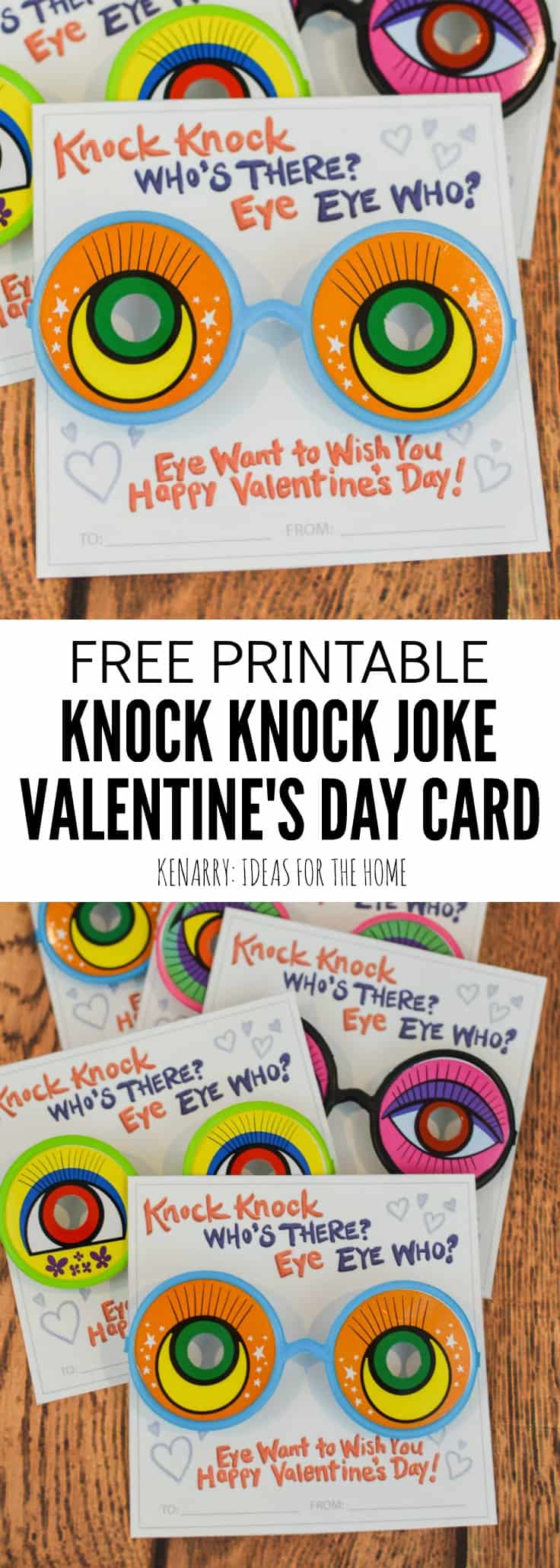 Who doesn't love a good joke? Use funny glasses from the dollar store or googly eyes to dress up these funny knock knock valentines for kids. These free printable Valentine cards are sure to bring laughter to the school Valentine's Day party.