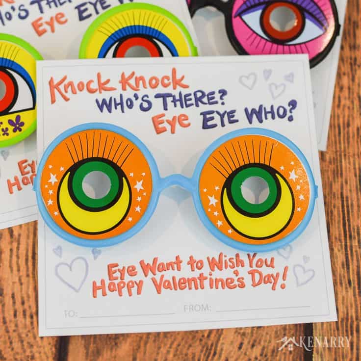 Kids love these knock knock valentines with funny glasses. Get the free printable valentine's day cards now at Kenarry.com