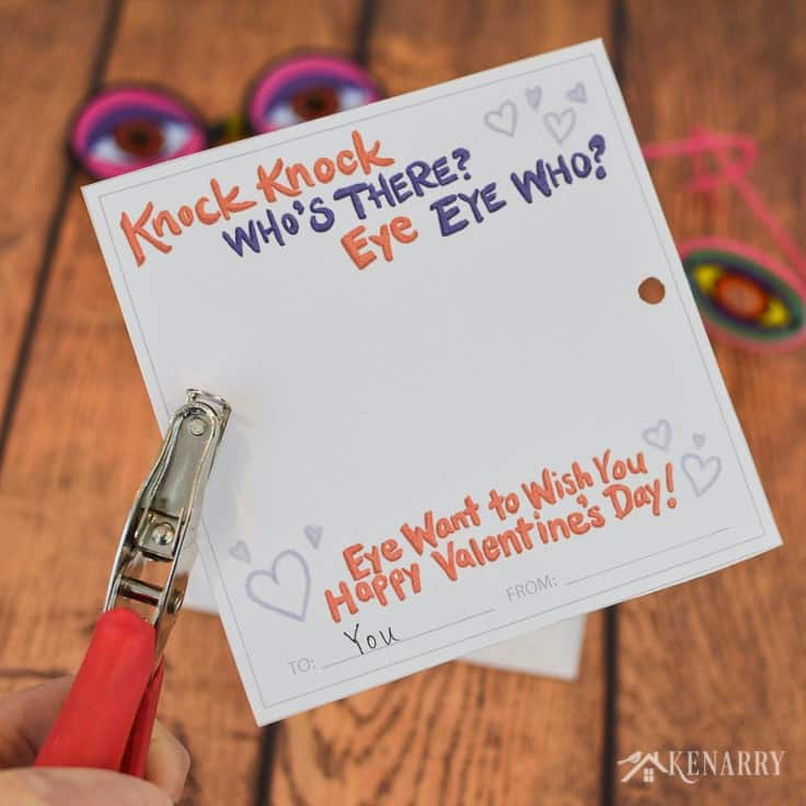 Punch holes in these free printable knock knock joke valentines to attach funny glasses from the dollar store. These Valentine cards are sure to bring laughter to the school Valentine's Day party.