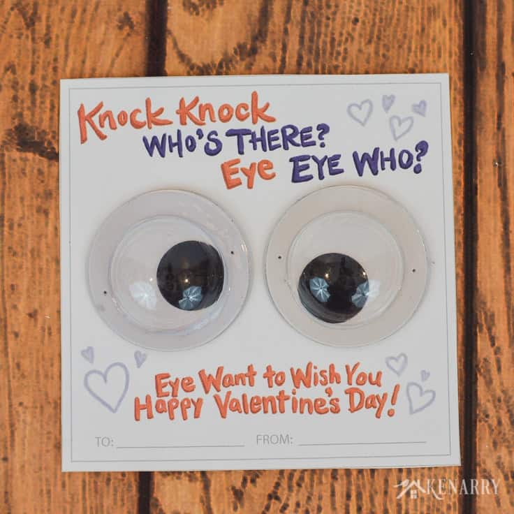 Use large googly eyes to dress up these funny kids Valentine cards. You can find these free printable knock knock valentines for kids at Kenarry.com - perfect for Valentine's Day on a budget!