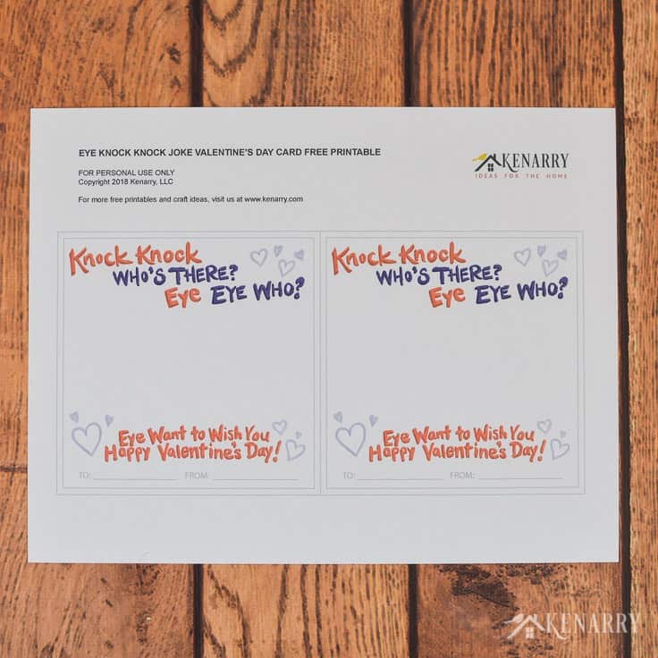 These free printable Knock Knock Valentines for kids are available at Kenarry.com -- perfect cards for Valentine's Day!