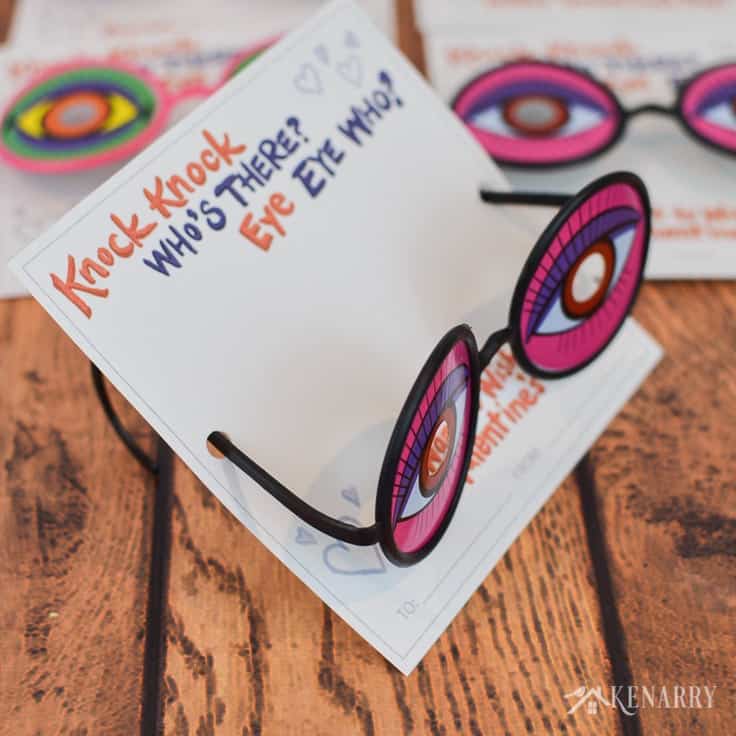 Use silly glasses and these funny knock knock joke valentines for kids to bring laughter to your child's Valentine's Day party at school. The free printable Valentine cards are available at Kenarry.com
