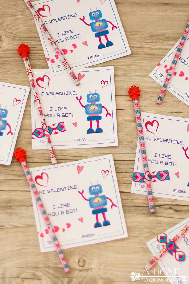 These fun robot Valentine cards look cute enough by themselves, but dollar store pencils and erasers make them irresistible to kids.