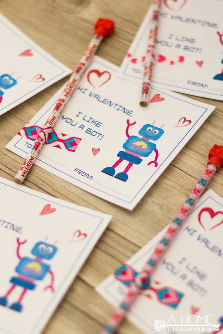 These fun robot Valentine cards look cute enough by themselves, but dollar store pencils and erasers make them irresistible to kids.