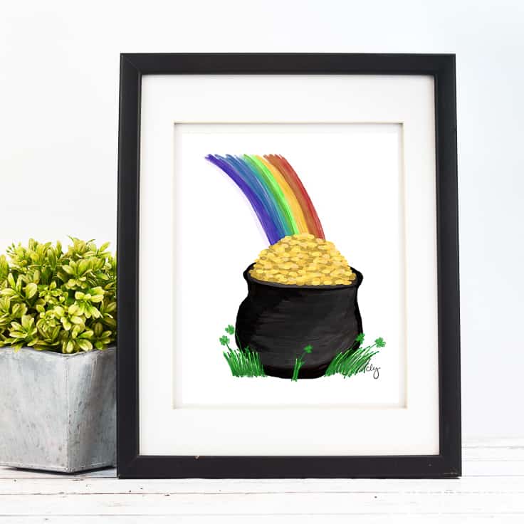Make your home decor festive for March 17th with this colorful St. Patrick's Day Pot of Gold Art. It's available as a digital printable in the Ideas for the Home by Kenarry® shop on Etsy.