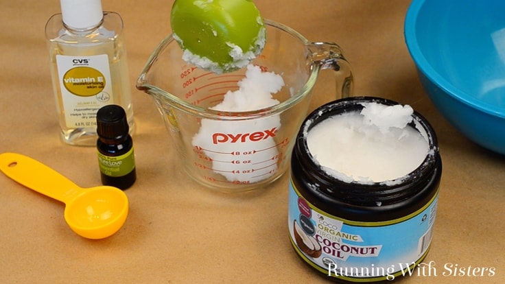 The ingredients and supplies you need to make coconut lime foot scrub. 