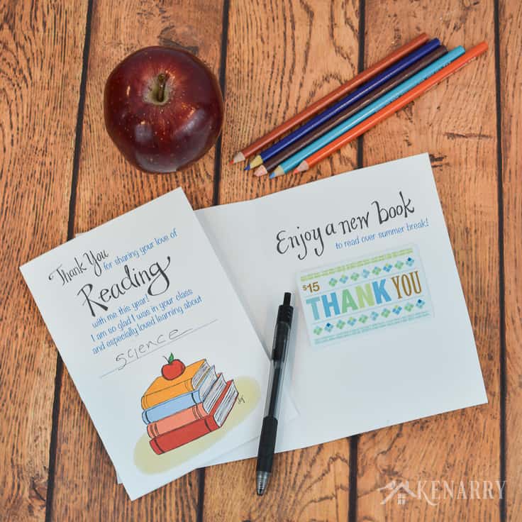 Say thank you to your child's teacher with this free printable teacher appreciation card. It has a focus on reading books and saying thanks at the end of the school year. This card also makes an easy teacher gift when you attach an Amazon gift card or one for a local book store. #teacherappreciation #teacher_appreciation_printable #teacherappreciationideas