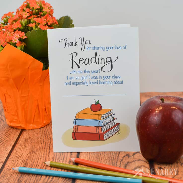 Say thank you to your child's teacher with this free printable teacher appreciation card. It has a focus on reading books and saying thanks at the end of the school year. This card also makes an easy teacher gift when you attach an Amazon gift card or one for a local book store. #teacherappreciation #teacher_appreciation_printable #teacherappreciationideas