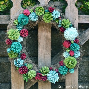 Make a faux succulent wreath from pine cones! Paint pine cones to look like succulents then arrange on a grapevine wreath!