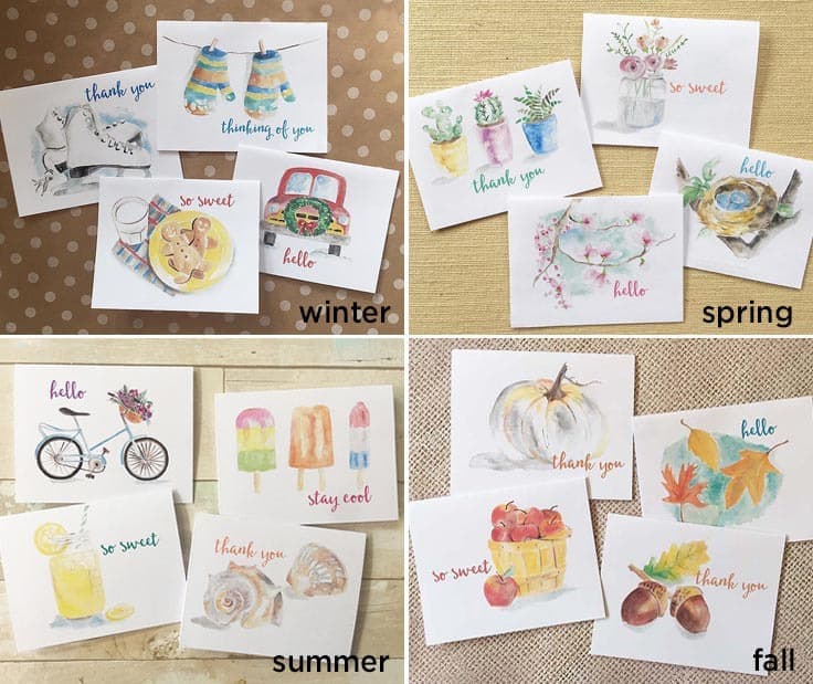 FREE Watercolor Note Cards for Spring, Summer Winter and Fall