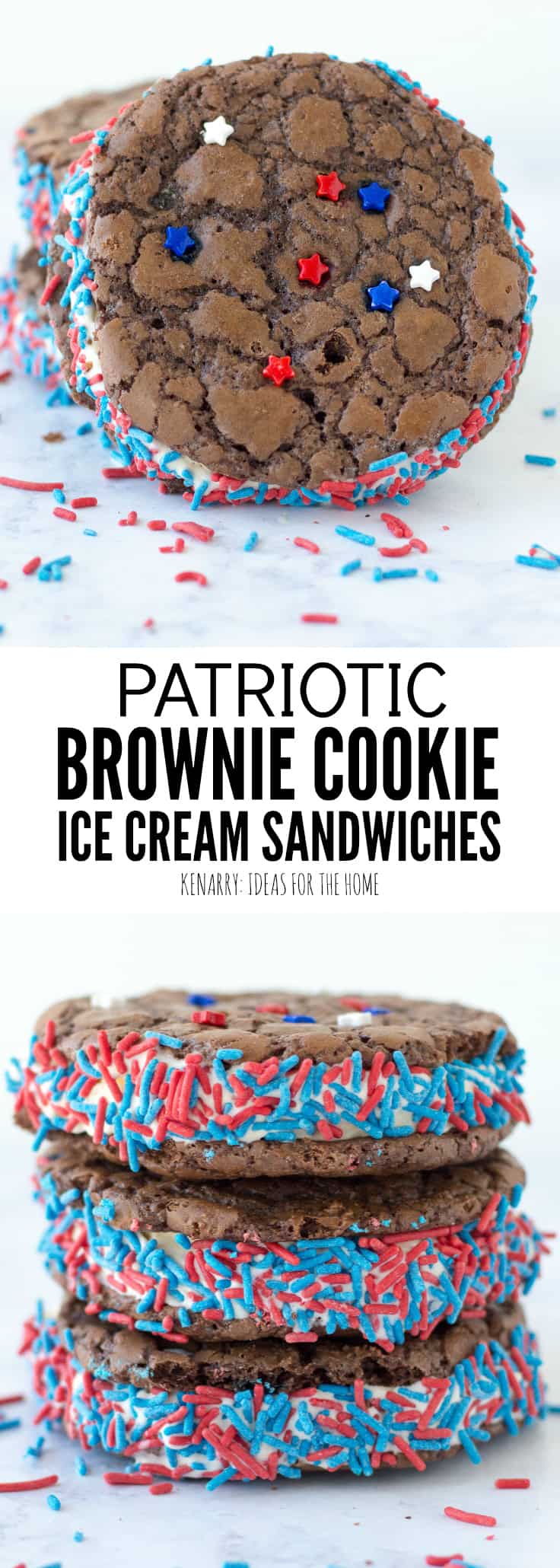 Learn how to turn a brownie mix into cookies to make the most amazing brownie ice cream sandwich recipe for summer. This easy patriotic dessert is the perfect red, white and blue chocolate treat for 4th of July, Memorial Day and Labor Day. 