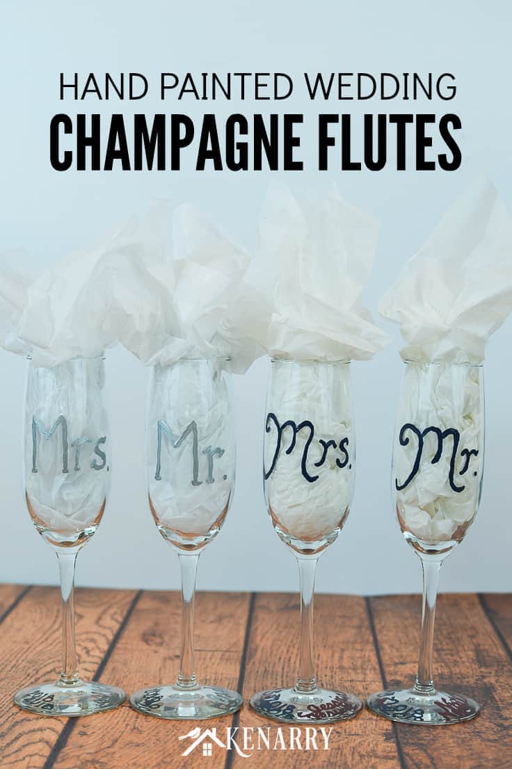 Use gloss enamel paint to customize hand painted champagne flutes for a wedding. These Mr. and Mrs. toasting glasses are an easy DIY gift for the bride and groom, perfect for a bridal shower, wedding or anniversary. #weddinggifts #weddingideas #weddingreception #handpainted