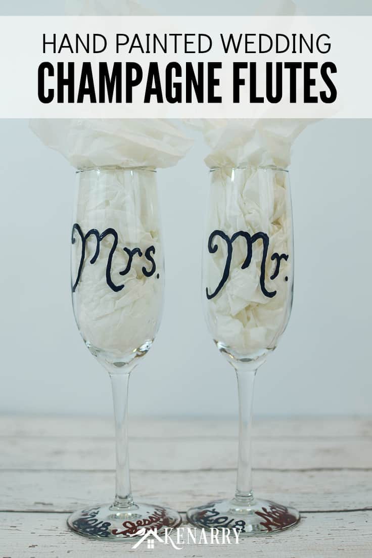 Learn how to make personalized hand painted champagne flutes. These Mr. and Mrs. toasting glasses are an easy DIY gift for the bride and groom, perfect for a bridal shower, wedding or anniversary. #weddinggifts #weddingideas #weddingreception #handpainted