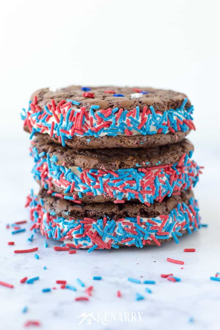 Brownie cookie ice cream sandwiches with red and blue sprinkles 