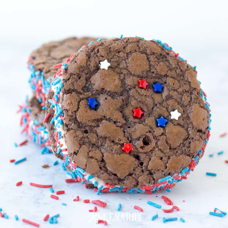 Patriotic brownie cookie ice cream sandwiches with red and blue sprinkles 