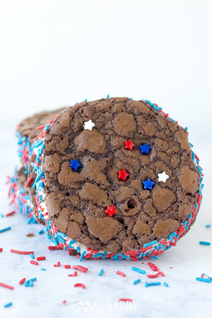 Brownie ice cream sandwiches with red and blue sprinkles
