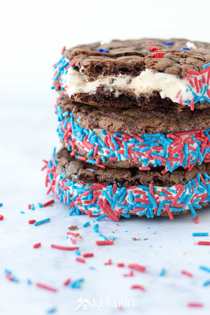 Brownie cookies with vanilla ice cream and red and blue sprinkles