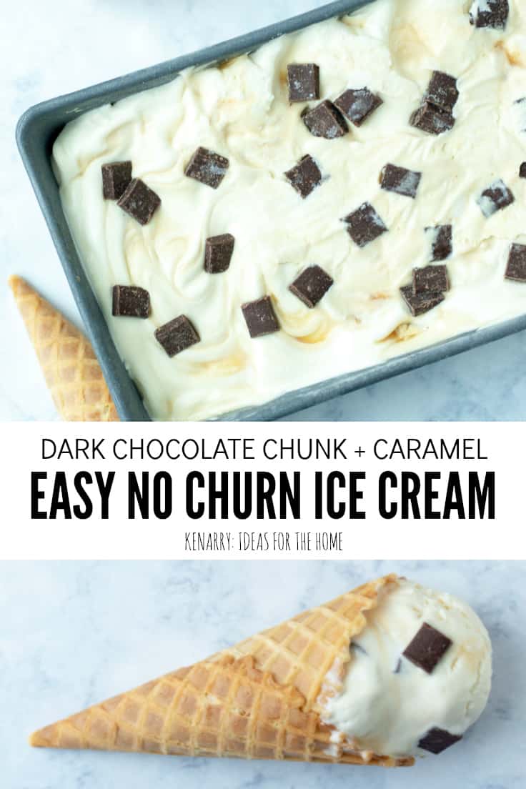 Use this homemade ice cream recipe to create an easy dessert for summer. Chocolate Chunk Caramel No Churn Ice Cream is a great dessert idea for a summer picnic or barbecue. #icecream #dessert #easyrecipes #recipes #chocolate