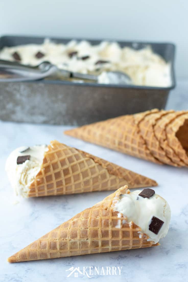 homemade no churn dark chocolate chunk caramel ice cream in a cone