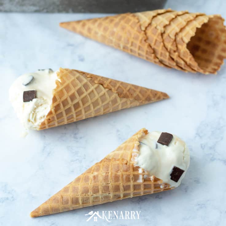 homemade no churn dark chocolate chunk caramel ice cream in a cone