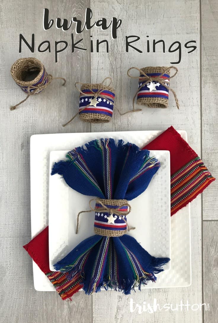 Repurpose paper rolls and decorate for summer at the same time with this simple tutorial for Upcycled Patriotic Burlap Napkin Rings.  #4thofjuly #patriotic #diynapkinrings