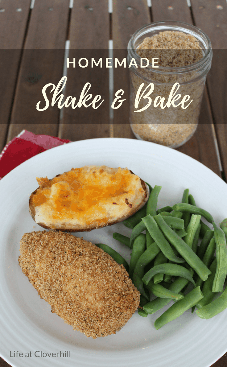 homemade shake and bake chicken recipe with green beans and potato on a white plate