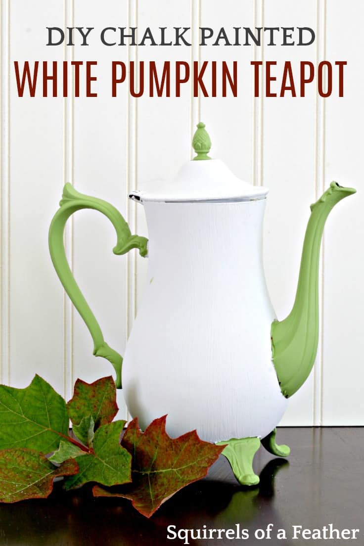 Upcycle an old teapot by painting it like a pumpkin! This easy DIY chalk painted pumpkin teapot is a great fall craft; it also works well for non-spooky Halloween decor! Give in to the fall neutrals trend and find a teapot to paint, pronto! #upcycle #crafts #diy #falldecor #pumpkins