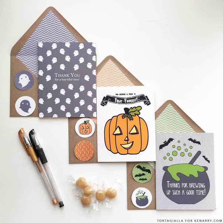 These easy and cute DIY printable Halloween cards are perfect for expressing your gratitude to those who contribute to making this holiday fun and safe for your kids, like teachers and neighbors. Designed by tortagialla.com for Kenarry. #halloween #halloweencards #kenarry