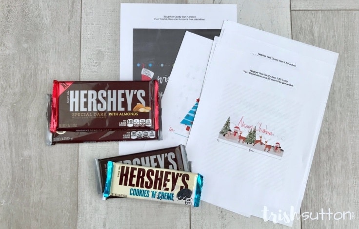 Create an inexpensive gift for a neighbor, teacher, friend or another chocolate lover by simply printing one of these four Christmas Candy Bar Wrappers. TrishSutton.com