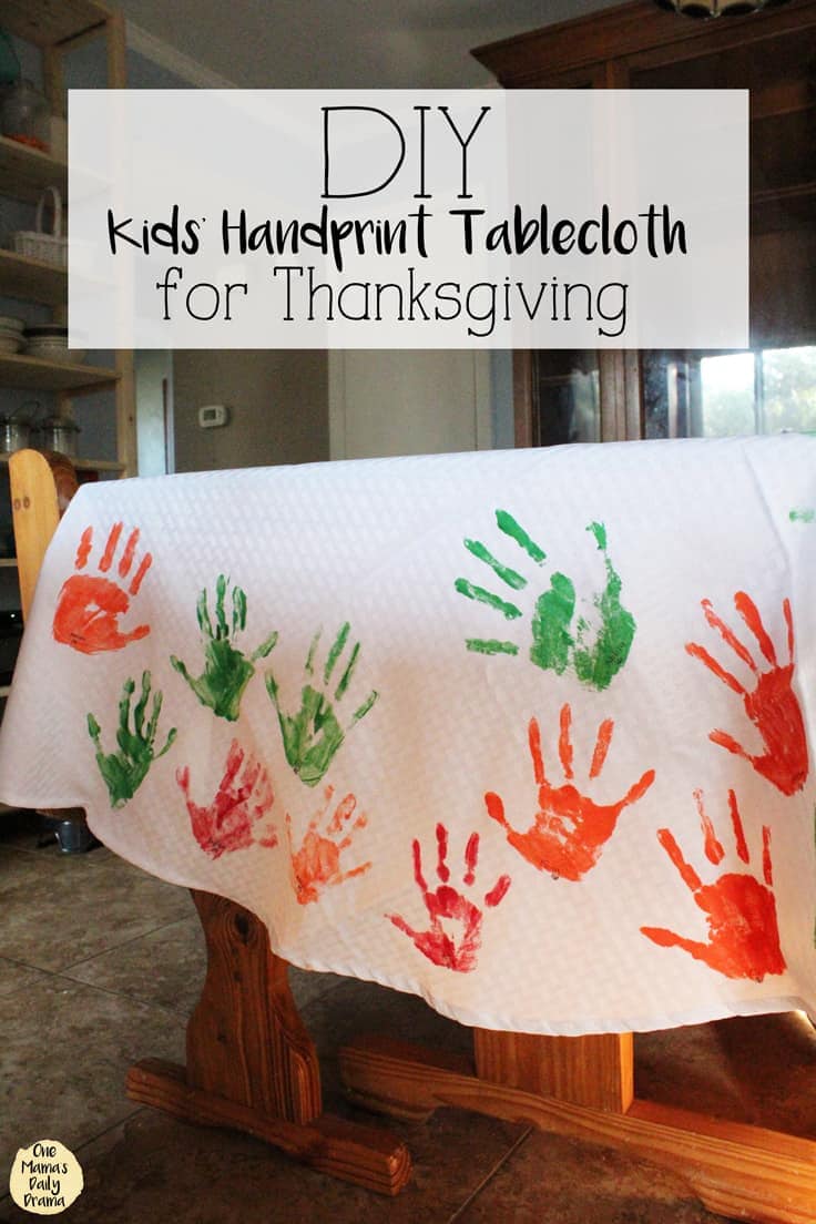 Gather the children to make this handprint DIY tablecloth each Thanksgiving or holiday dinner. This simple Thanksgiving craft will become a favorite activity for kids and a beautiful keepsake. #thanksgiving #thanksgivingcraft #kenarry