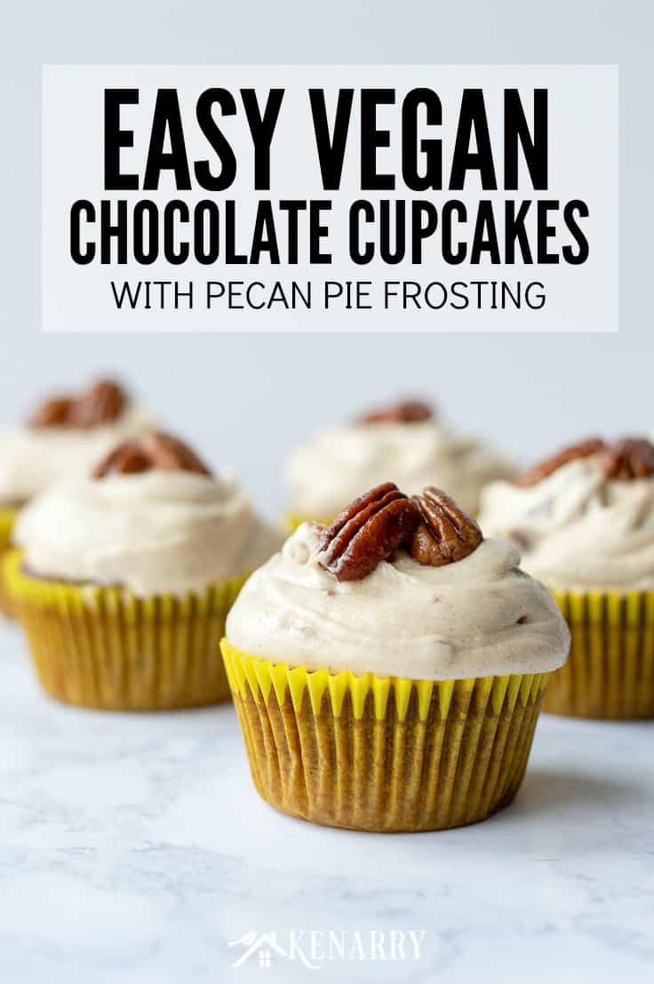 Need an easy dessert idea for a potluck or holiday party? These Easy Vegan Chocolate Cupcakes with Pecan Pie Frosting are sure to be the best crowd-pleaser. #vegan #vegandessert #kenarry