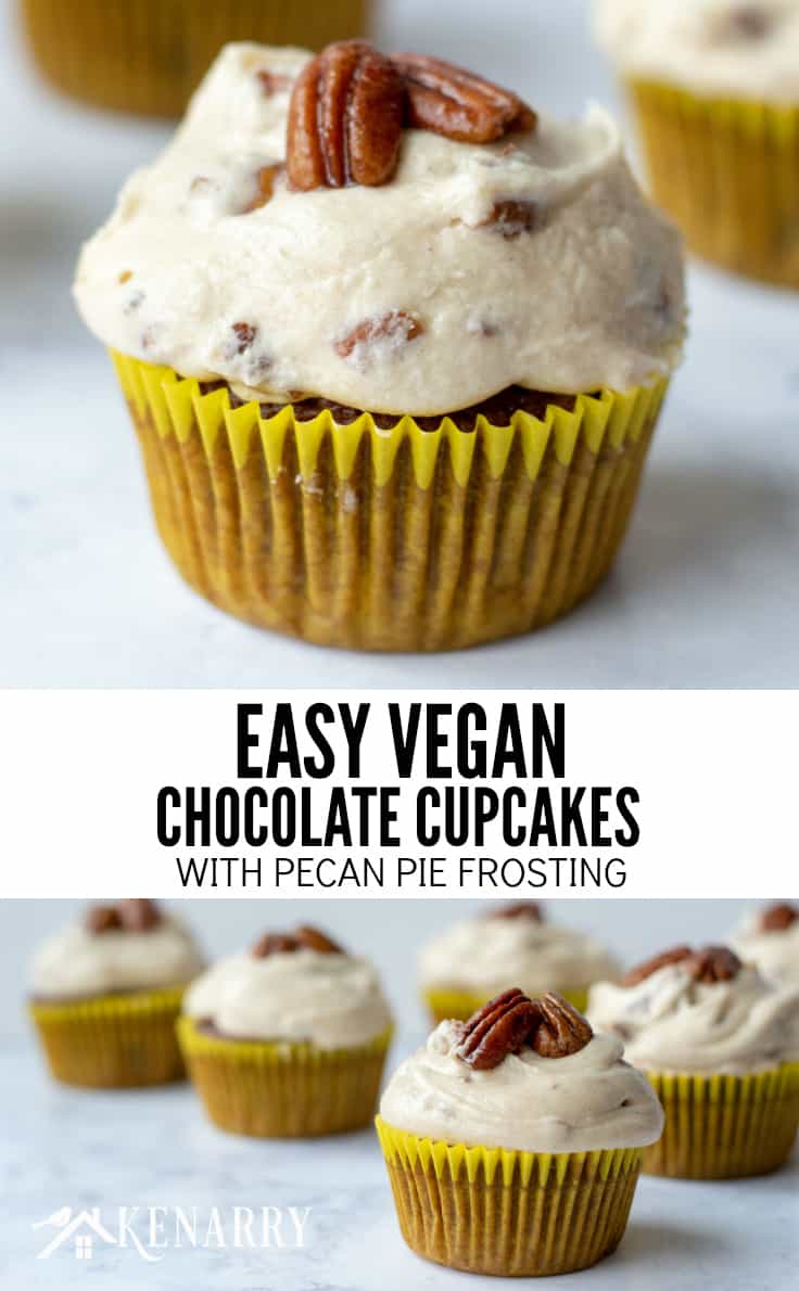 Need an easy dessert idea for a potluck or holiday party? These Easy Vegan Chocolate Cupcakes with Pecan Pie Frosting are sure to be the best crowd-pleaser. #dairyfree #cupcakes #kenarry