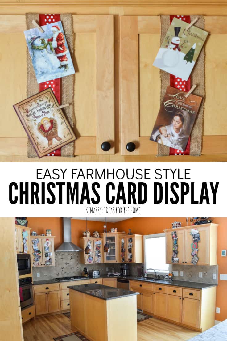 Use wide ribbon, burlap and small clothes pins for displaying Christmas cards on your kitchen cabinets so you can enjoy looking at them throughout the holidays. It's a super easy DIY idea to display your cards for the season! #christmascards #christmas #kenarry