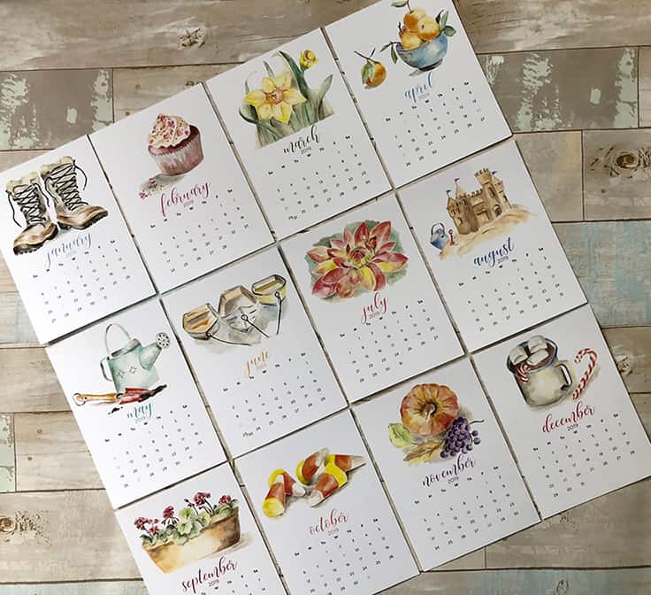 Get a head start on your holiday shopping with these 2019 monthly Watercolor Calendar printables along with FREE printable Christmas gift tags. #calendar #2019calendar #kenarry