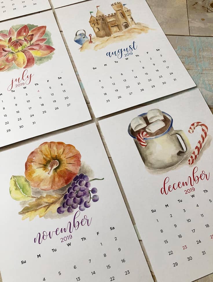 Get a head start on your holiday shopping with these 2019 monthly Watercolor Calendar printables along with FREE printable Christmas gift tags. #gifts #christmas #kenarry