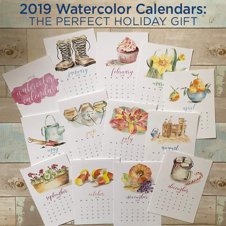 Get a head start on your holiday shopping with these 2019 monthly Watercolor Calendar printables along with FREE printable Christmas gift tags. #gifttags #2019calendar #kenarry