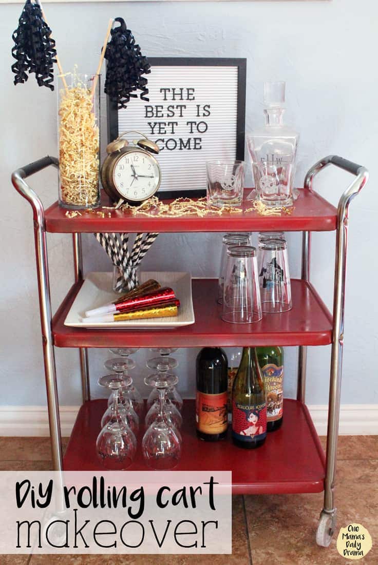 Update an old rolling cart with a simple paint job to turn it into a festive winter cocoa station, a New Year’s Eve bar, or an everyday craft station. #barcart #hotcocoabar #kenarry