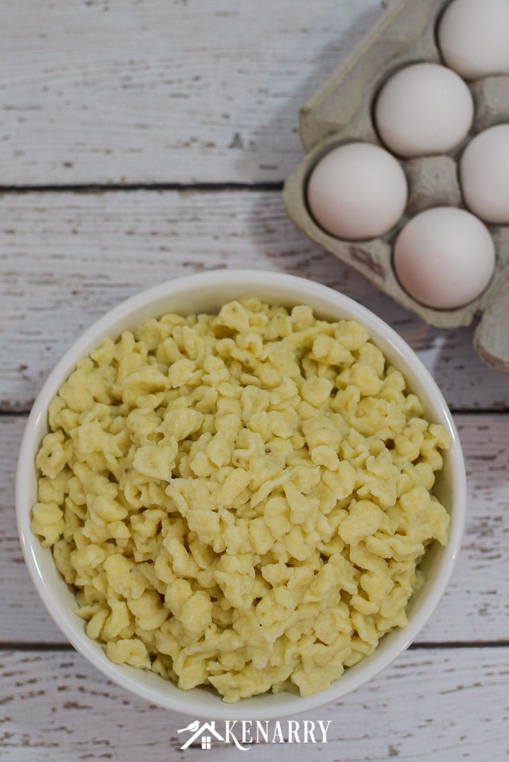 A bowl of traditional Bavarian style German egg noodles made with an easy spaetzle recipe. 