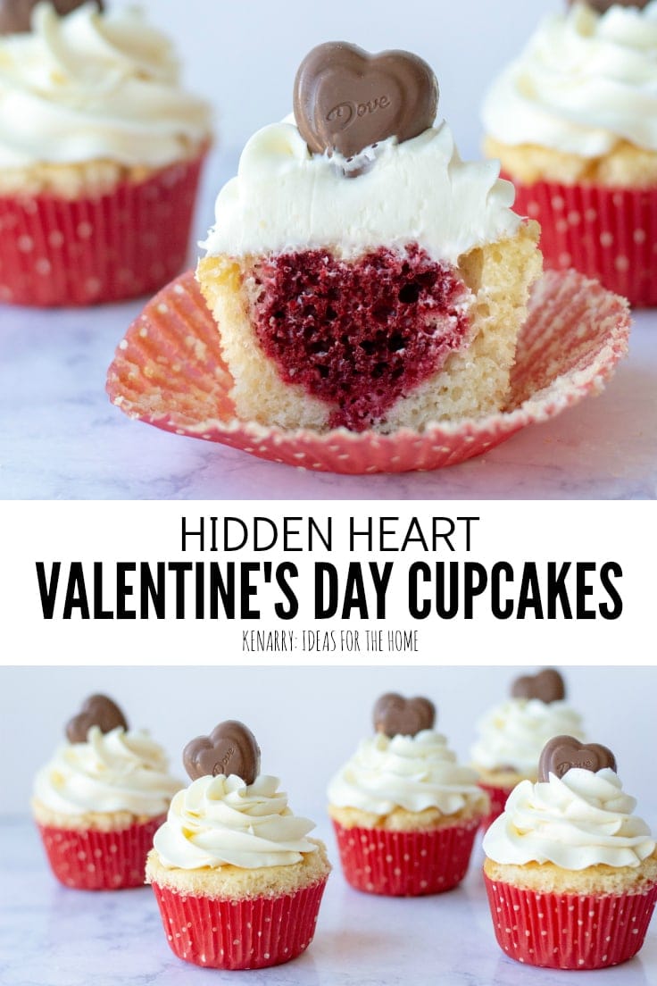 Surprise your sweetheart with this festive Valentine's Day Cupcakes recipe. This fun dessert idea has a hidden red velvet cake heart inside each of these delicious treats that is perfect for kids and adults. #valentines #valentinescupcakes #kenarry