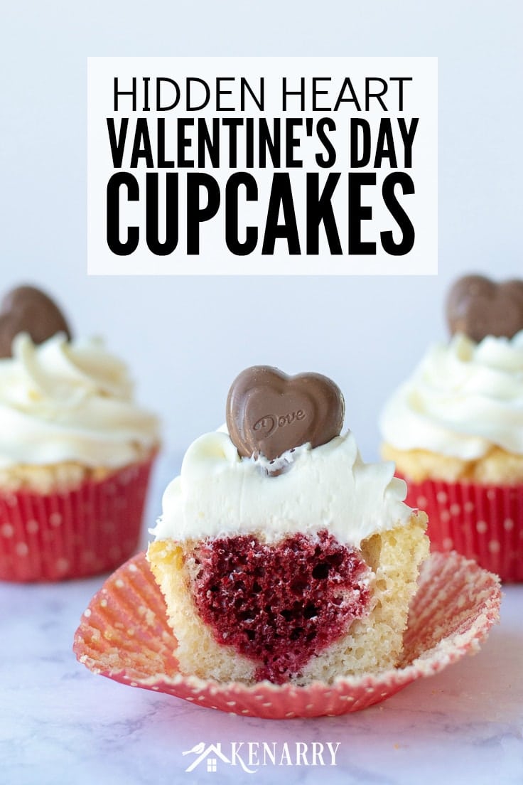 Surprise your sweetheart with this festive Valentine's Day Cupcakes recipe. This fun dessert idea has a hidden red velvet cake heart inside each of these delicious treats that is perfect for kids and adults. #valentines #baking #kenarry
