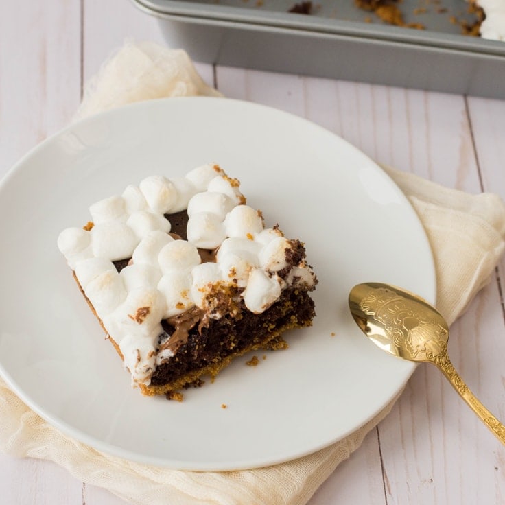 When you're not in the mood to set up a campfire, bring your s'mores dessert party indoors with this super delicious (and super easy!) chocolate s'mores cake recipe from a box mix.﻿ #smores #dessert #kenarry