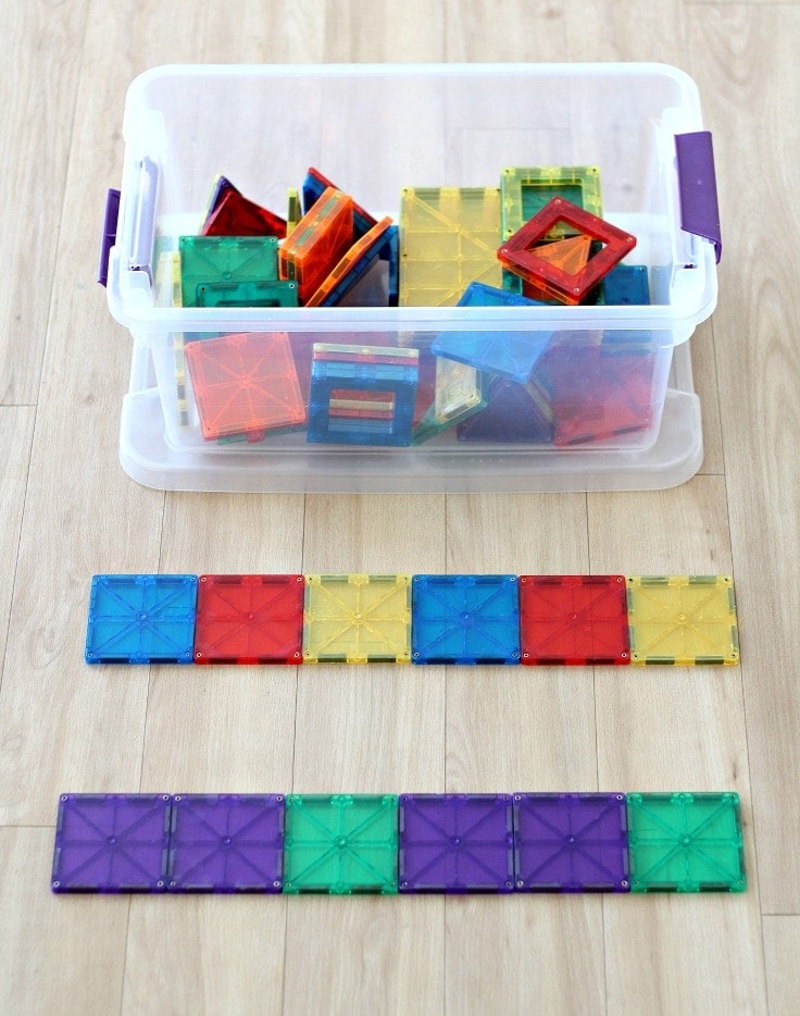 Learn how to teach pattern recognition by playing fun preschool pattern games and activities with magnetic tiles