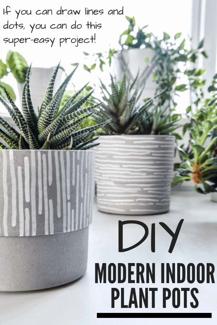 Create your own stylish modern indoor plant pots using inexpensive planters and paint pens. If you can draw lines and dots, you can do this simple project for your houseplants! #indoorplants #planters #kenarry