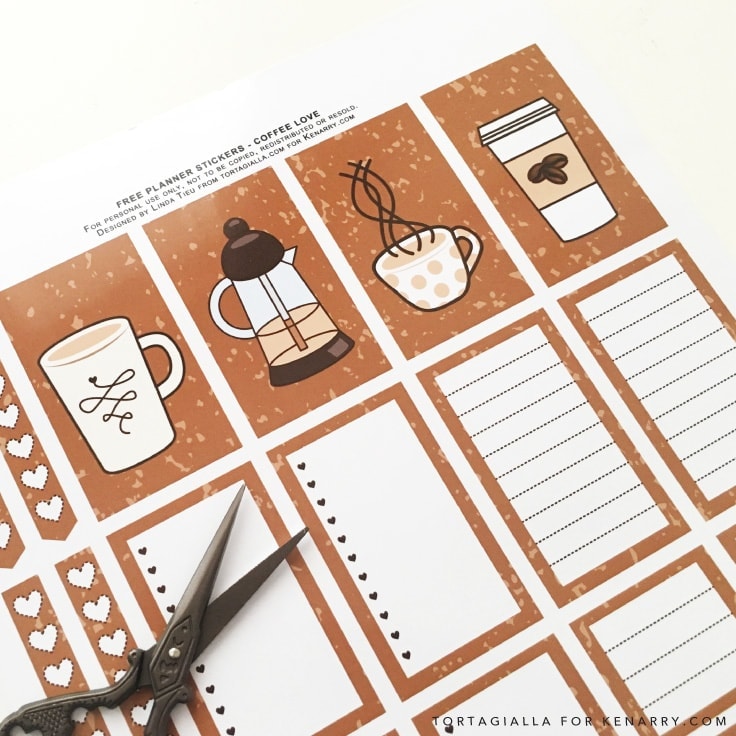 Looking for FREE printable planner stickers to spice up your planning game? Check out these coffee themed designs that you can download and print from home. #plannerstickers #coffee #kenarry